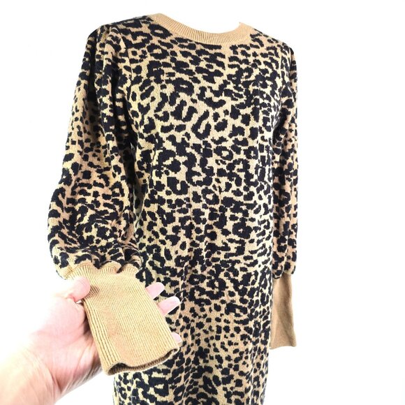 LOFT Black Brown Cheetah Print Crew Neck Wool Blend Fuzzy Sweater Dress - Picture 4 of 8